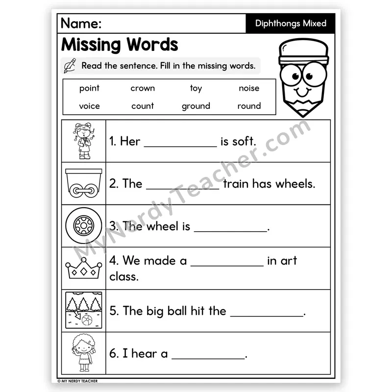 Mixed Diphthongs Decodable Sentences — Missing Words Worksheet