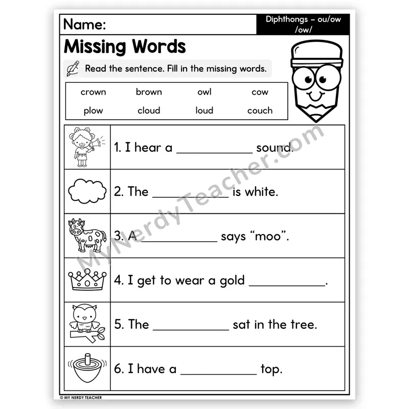 Diphthongs OU and OW Decodable Sentences — Missing Words Worksheet