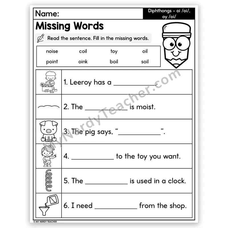 Diphthongs OI and OY Decodable Sentences — Missing Words Worksheet