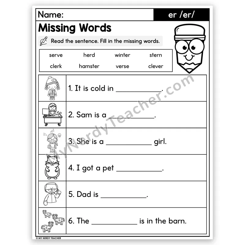 R-Controlled ER Decodable Sentences — Missing Words Worksheet