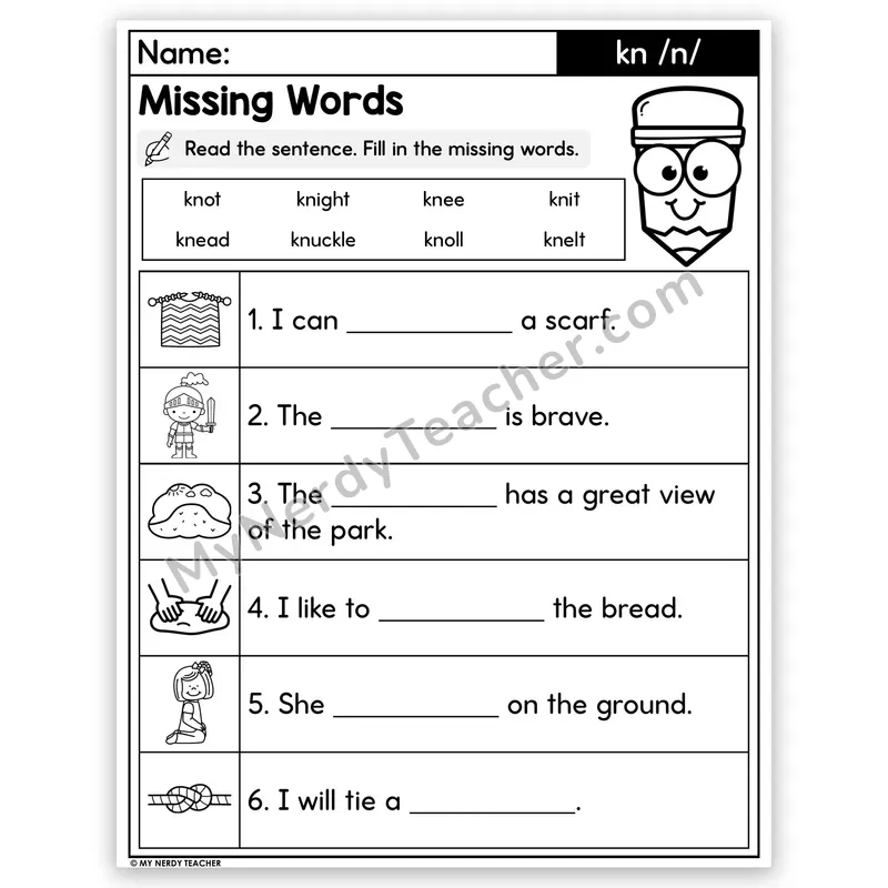 Silent Letters KN Decodable Sentences — Missing Words Worksheet