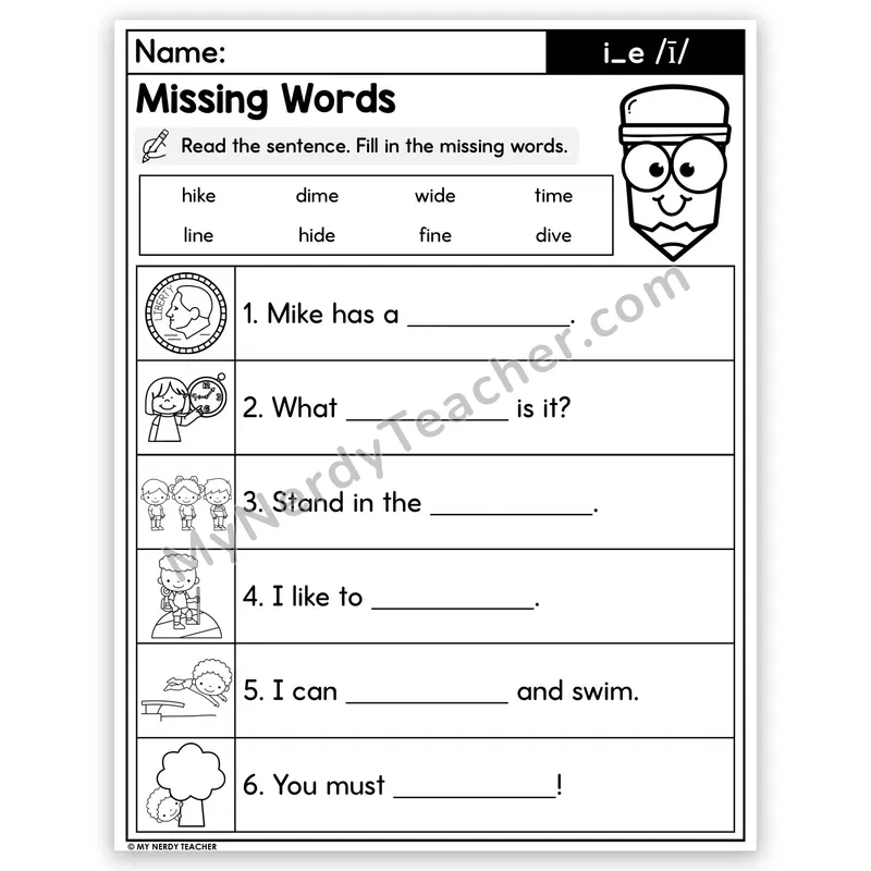 Silent E i_e (Long I) Decodable Sentences — Missing Words Worksheet