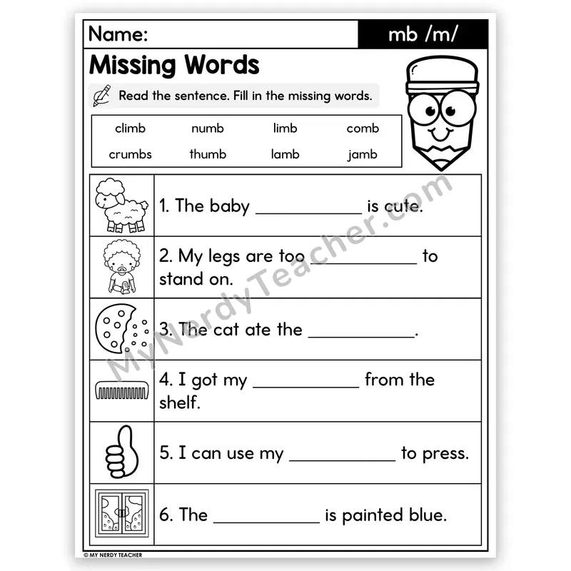 Silent Letters MB Decodable Sentences — Missing Words Worksheet