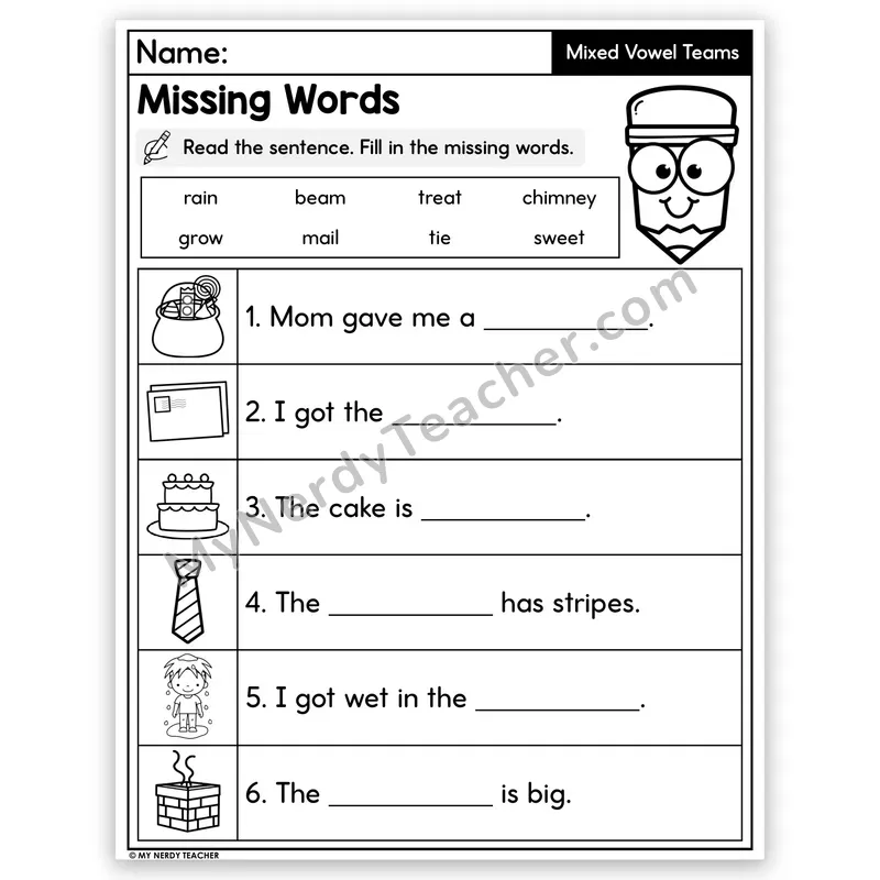 Mixed Vowel Teams Decodable Sentences — Missing Words Worksheet
