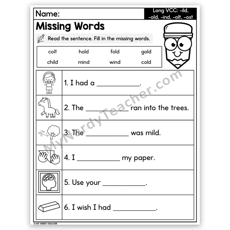Long VCC (-ild, -old, -ind, -olt, -ost) Decodable Sentences — Missing Words