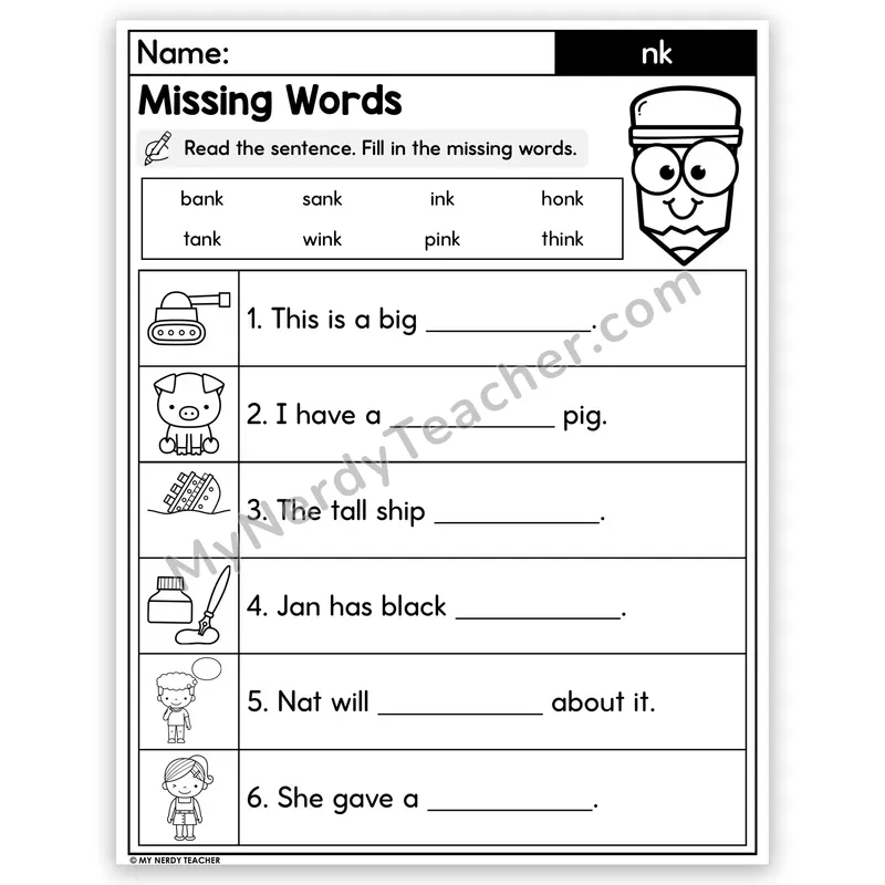 NK Digraph Decodable Sentences — Missing Words Worksheet