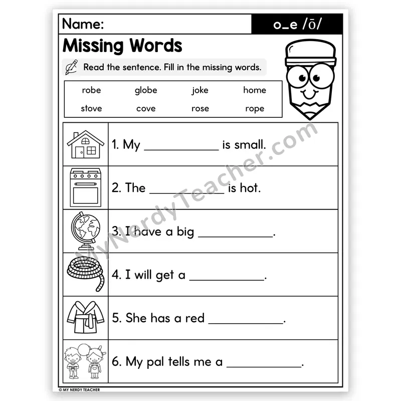 Silent E o_e (Long O) Decodable Sentences — Missing Words Worksheet