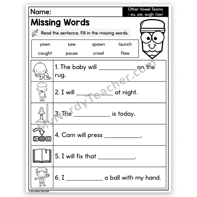 Vowel Teams AU, AW, AUGH Decodable Sentences — Missing Words Worksheet