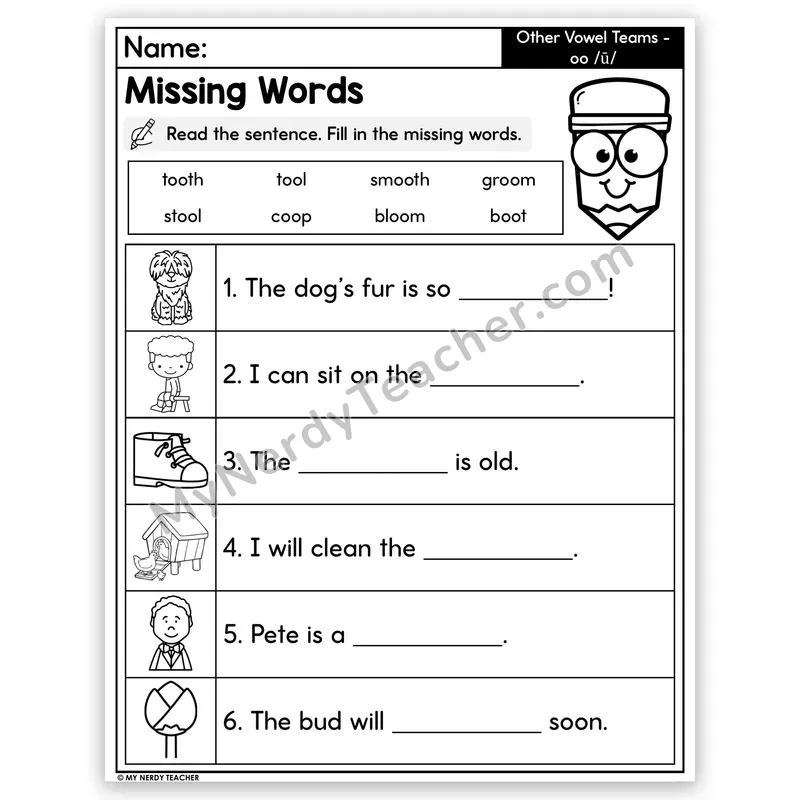 Vowel Team OO (Long) Decodable Sentences — Missing Words Worksheet