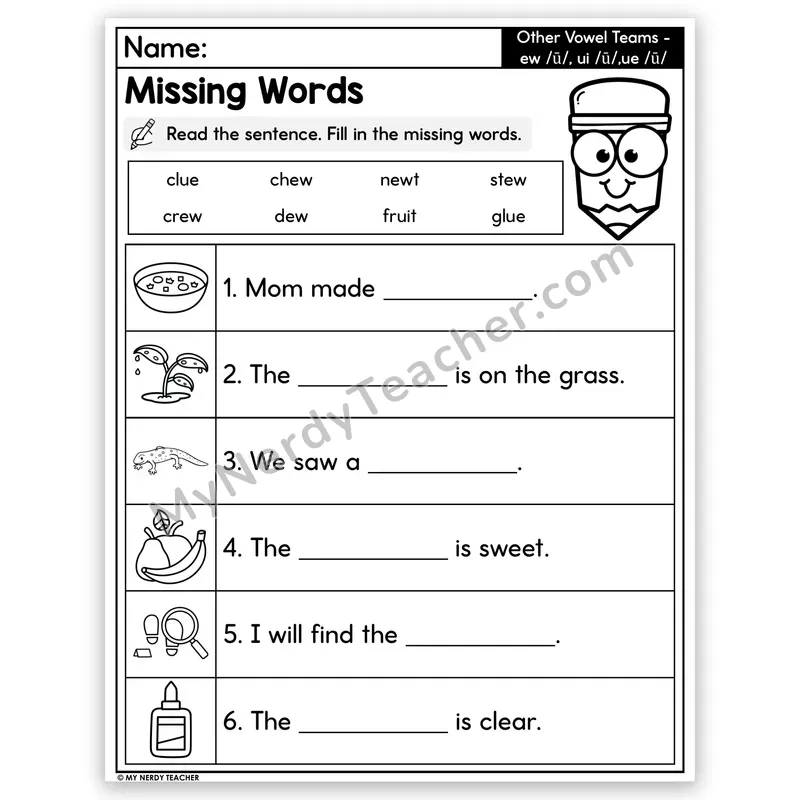 Vowel Teams EW, UI, UE Decodable Sentences — Missing Words Worksheet