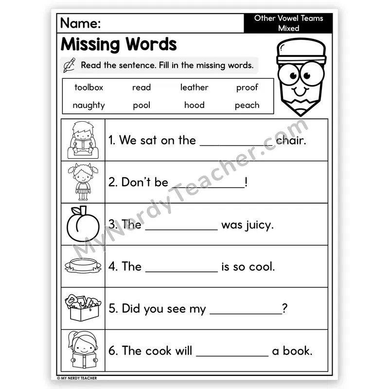 Mixed Other Vowel Teams Decodable Sentences — Missing Words Worksheet