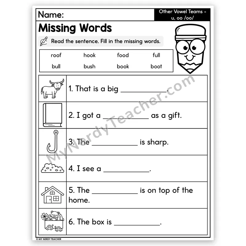 Vowel Teams U and OO (Short oo) Decodable Sentences — Missing Words
