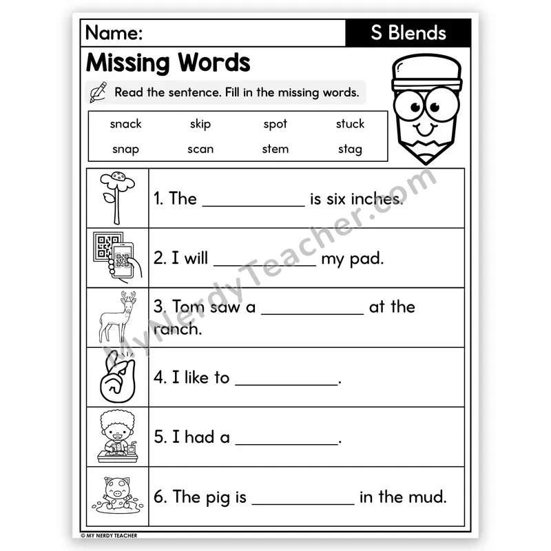 S-Blends Decodable Sentences — Missing Words Worksheet