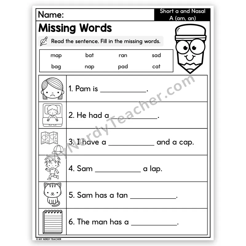 Short A & Nasal A (am, an) Decodable Sentences — Missing Words Worksheet
