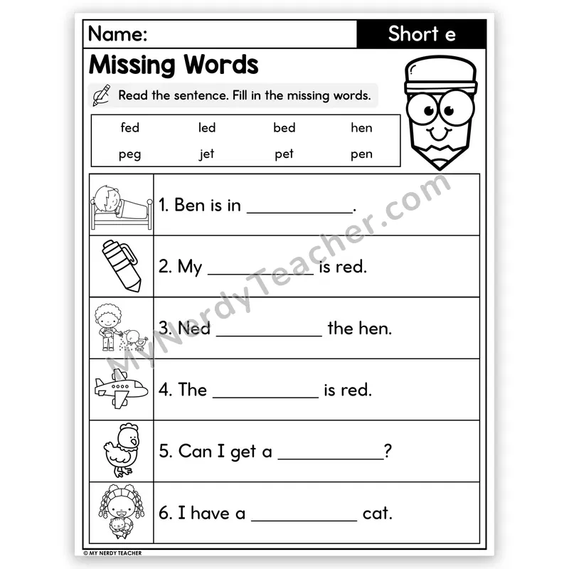 Short E CVC Decodable Sentences — Missing Words Worksheet