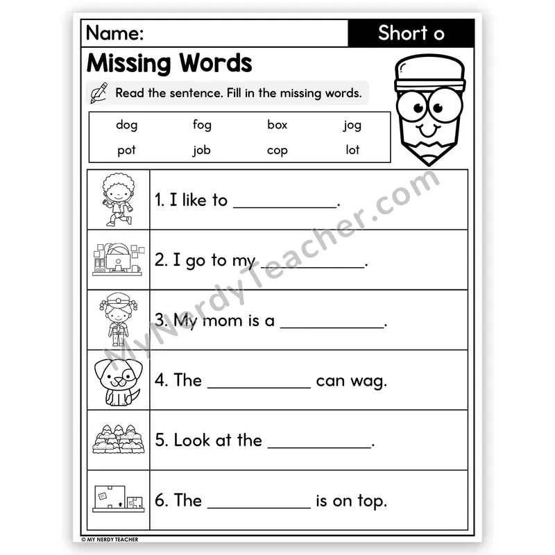 Short O CVC Decodable Sentences — Missing Words Worksheet