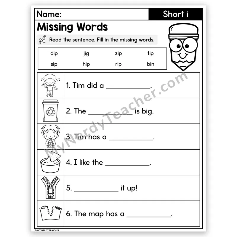 Short I CVC Decodable Sentences — Missing Words Worksheet