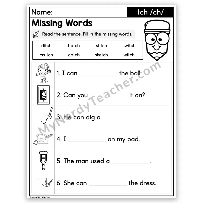 TCH Trigraph Decodable Sentences — Missing Words Worksheet