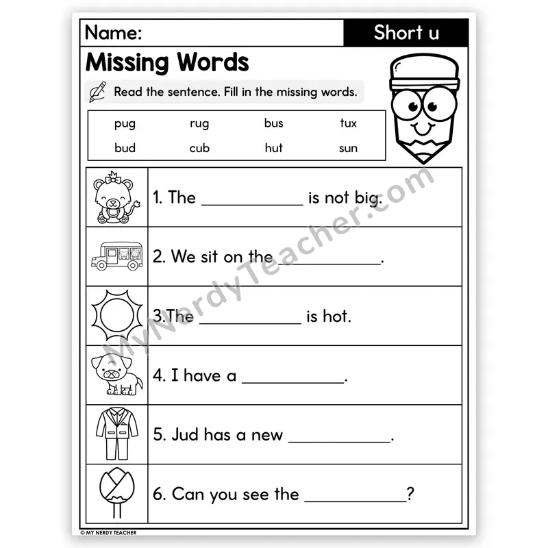 Short U CVC Decodable Sentences — Missing Words Worksheet