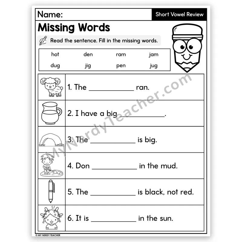 Short Vowel Review CVC Decodable Sentences — Missing Words Worksheet