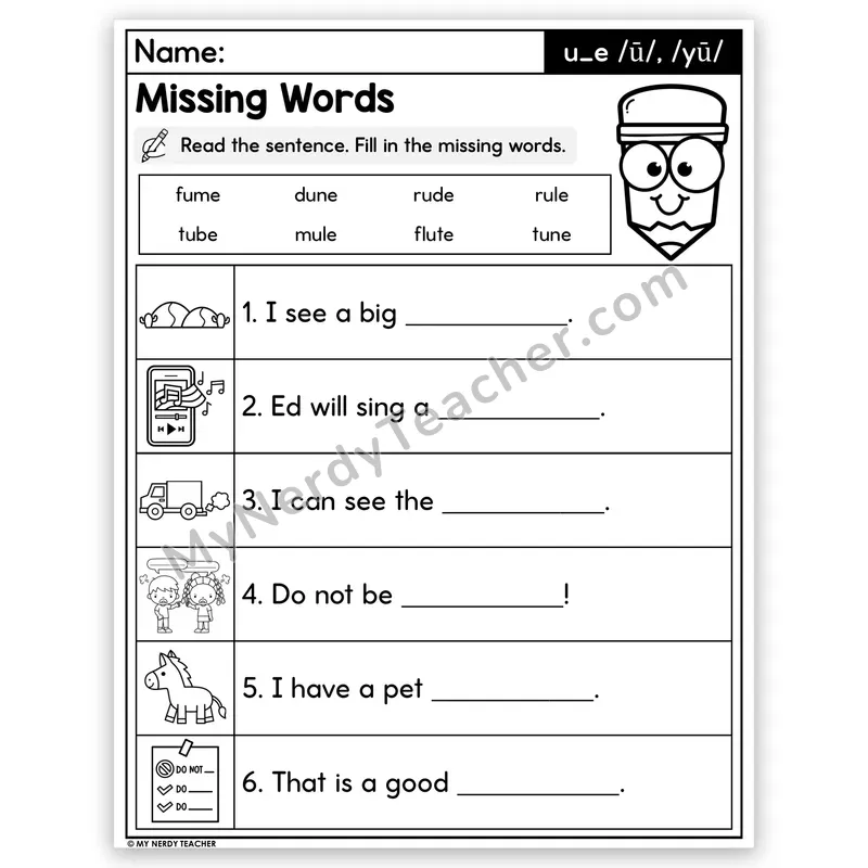 Silent E u_e (Long U) Decodable Sentences — Missing Words Worksheet
