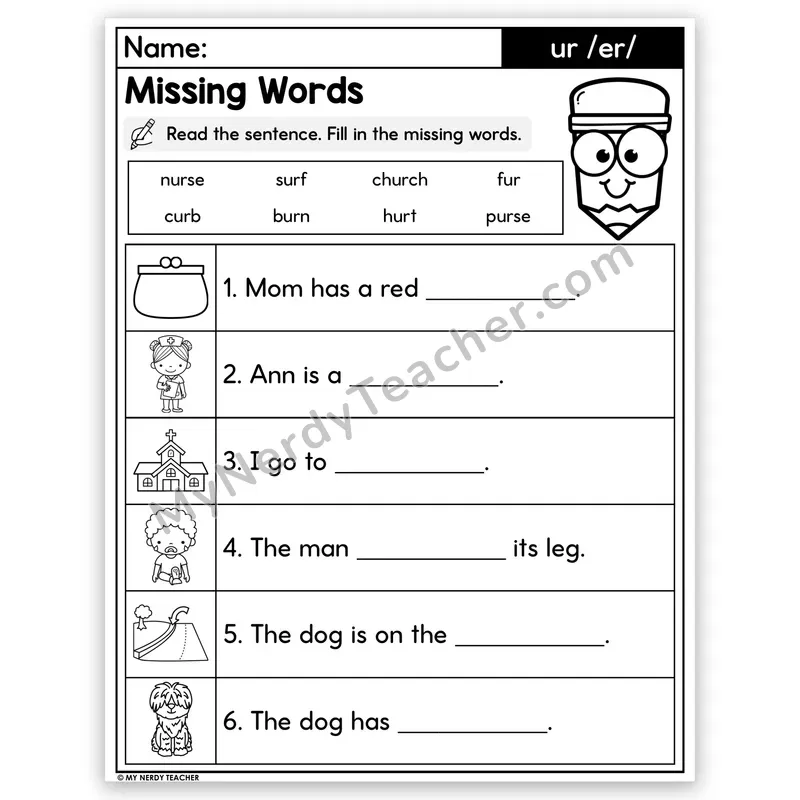 R-Controlled UR Decodable Sentences — Missing Words Worksheet