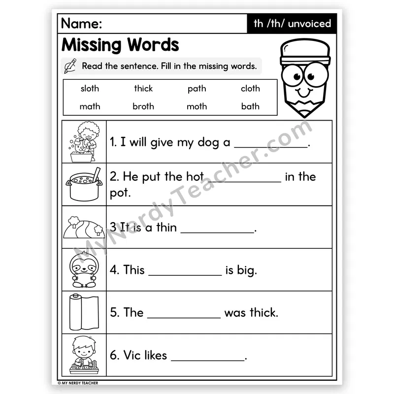 Unvoiced TH Digraph Decodable Sentences — Missing Words Worksheet