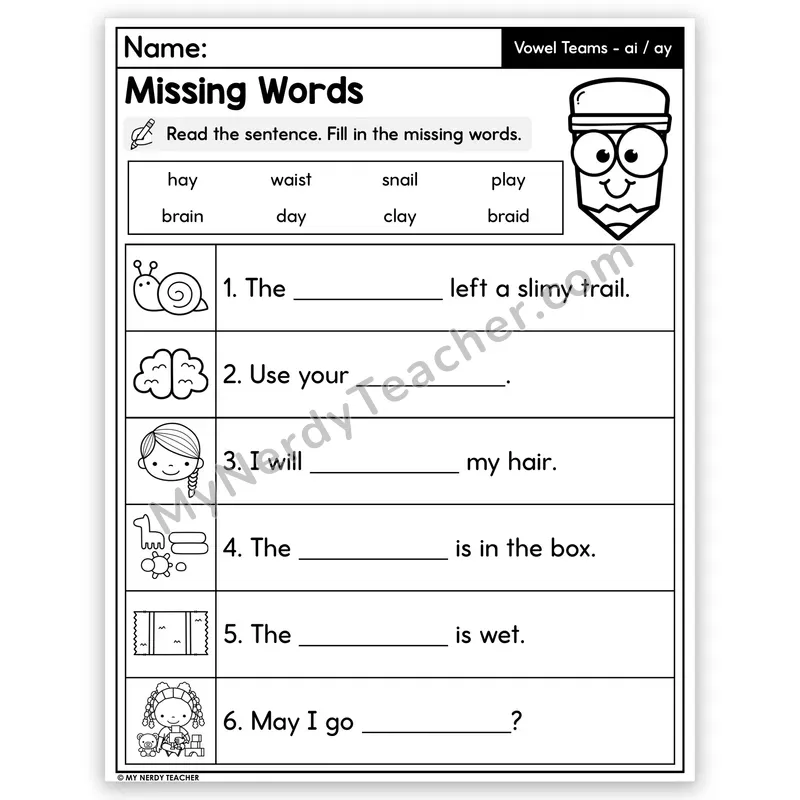 Vowel Teams AI and AY (Long A) Decodable Sentences — Missing Words