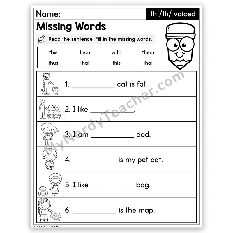 Voiced TH Digraph Decodable Sentences — Missing Words Worksheet