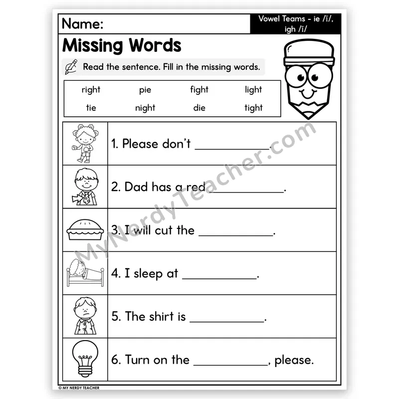 Vowel Teams IE and IGH (Long I) Decodable Sentences — Missing Words