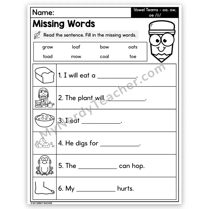 Vowel Teams OA, OW, OE (Long O) Decodable Sentences — Missing Words