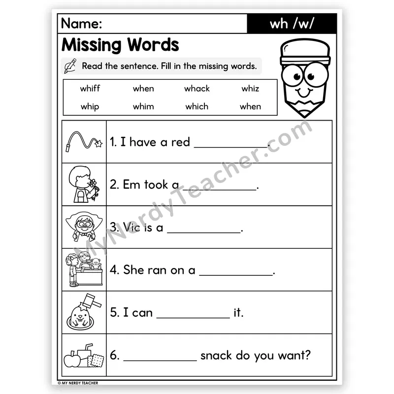 WH Digraph Decodable Sentences — Missing Words Worksheet