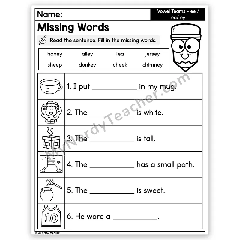 Vowel Teams EE, EA, EY (Long E) Decodable Sentences — Missing Words