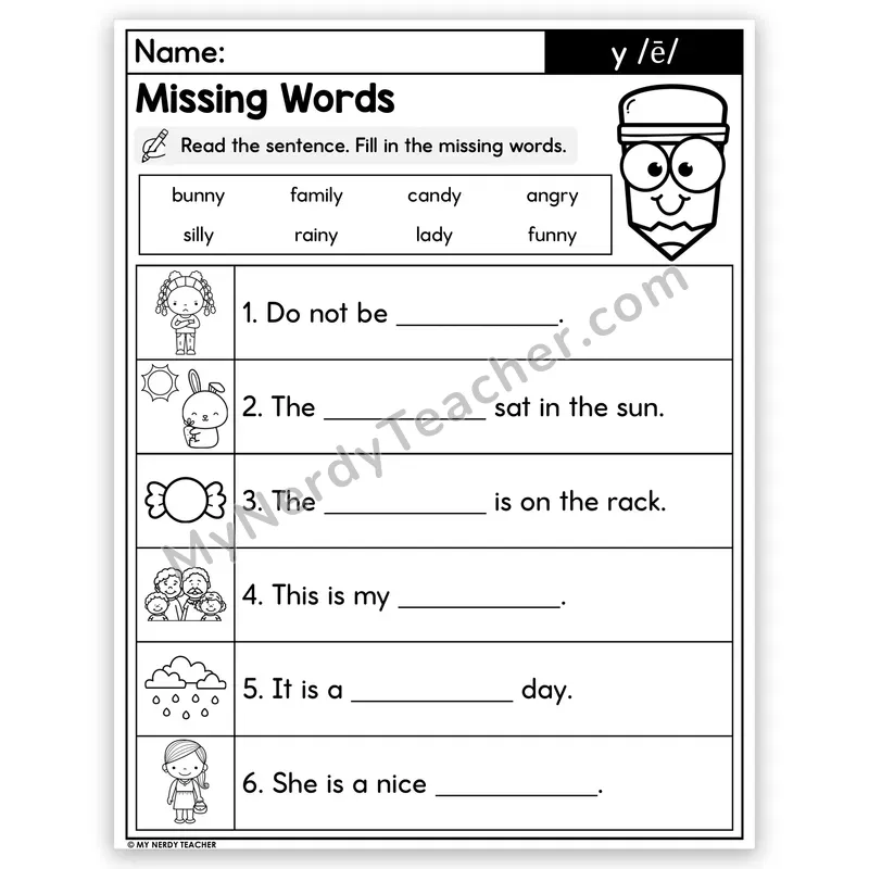 Y as Long E Decodable Sentences — Missing Words Worksheet