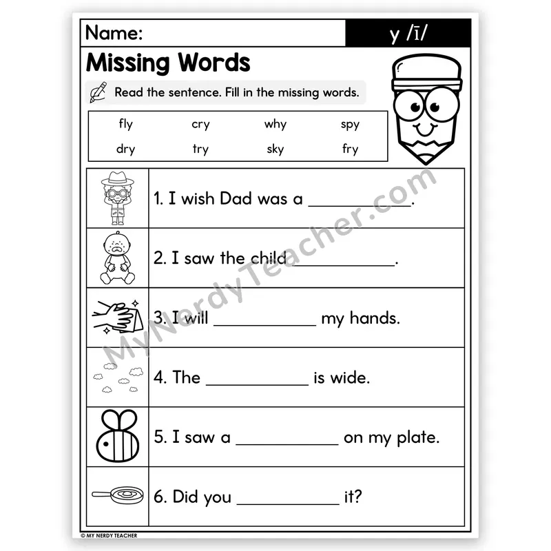 Y as Long I Decodable Sentences — Missing Words Worksheet
