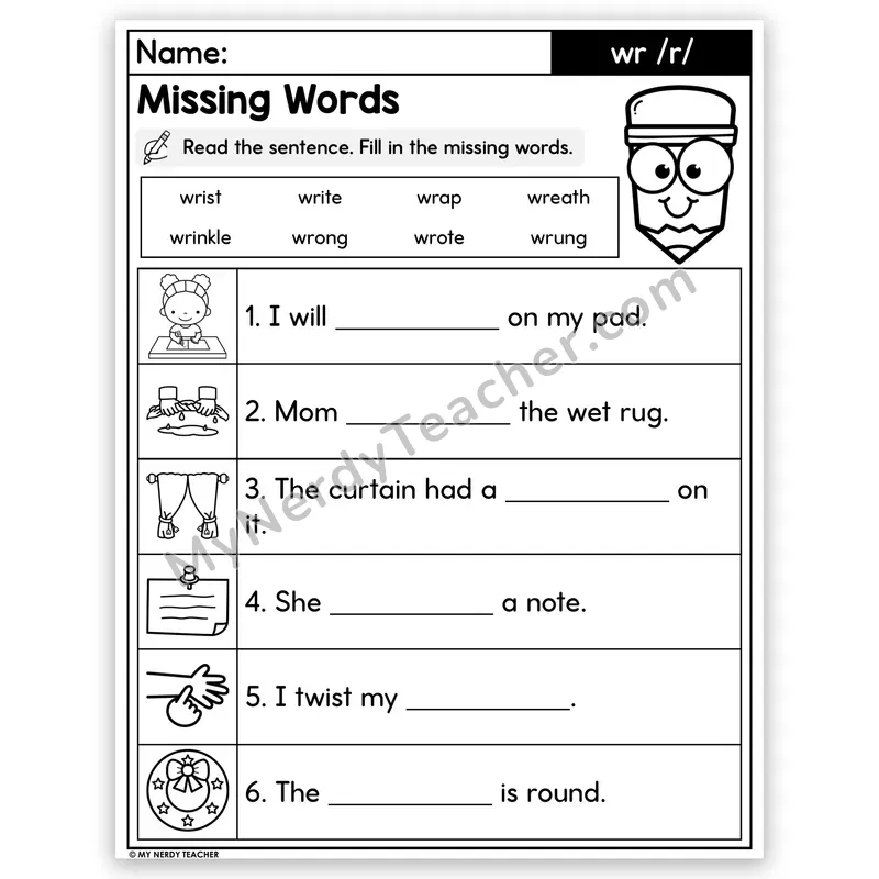 Silent Letters WR Decodable Sentences — Missing Words Worksheet