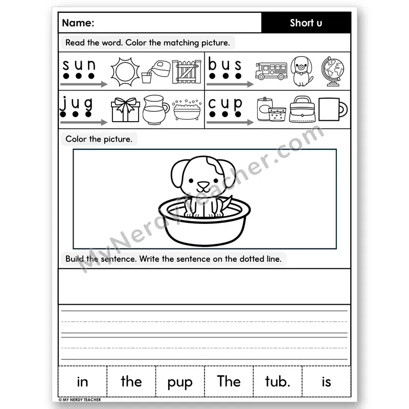 Short U Decodable Sentences — Color, Build & Write
