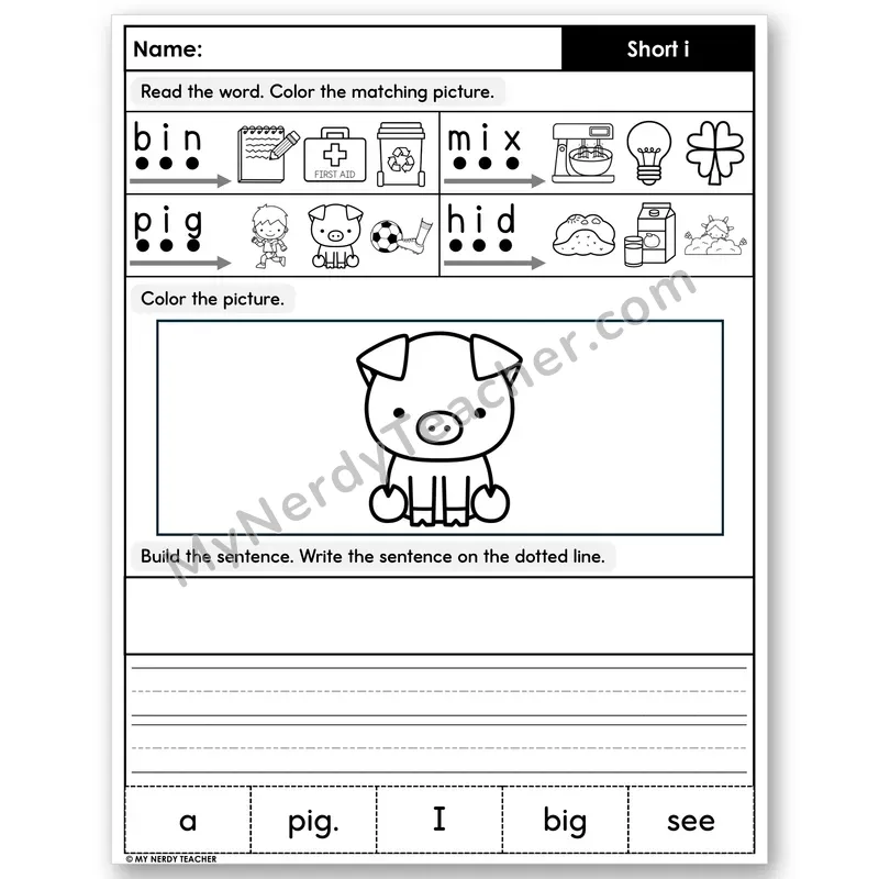 Short I Decodable Sentences — Color, Build & Write