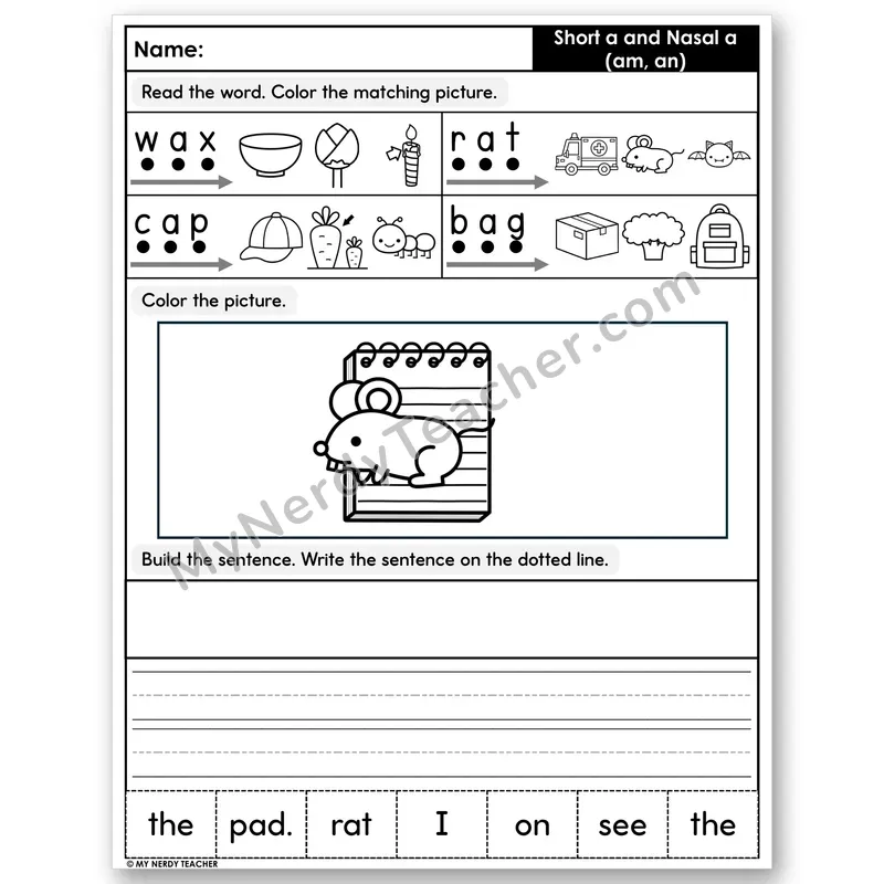 Short A & Nasal A Decodable Sentences — Color, Build & Write