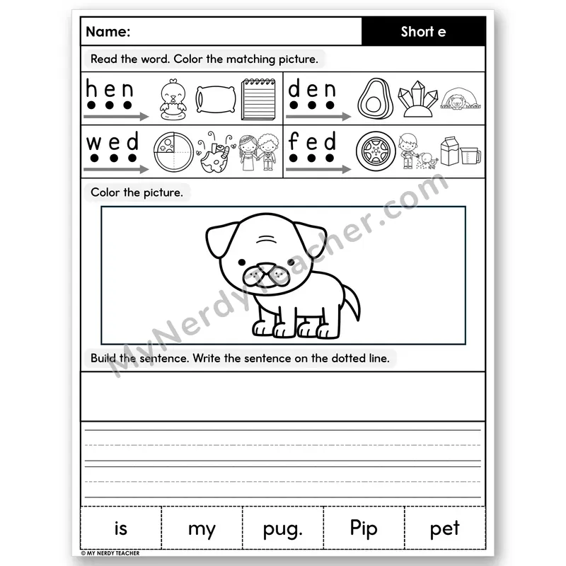 Short E Decodable Sentences — Color, Build & Write