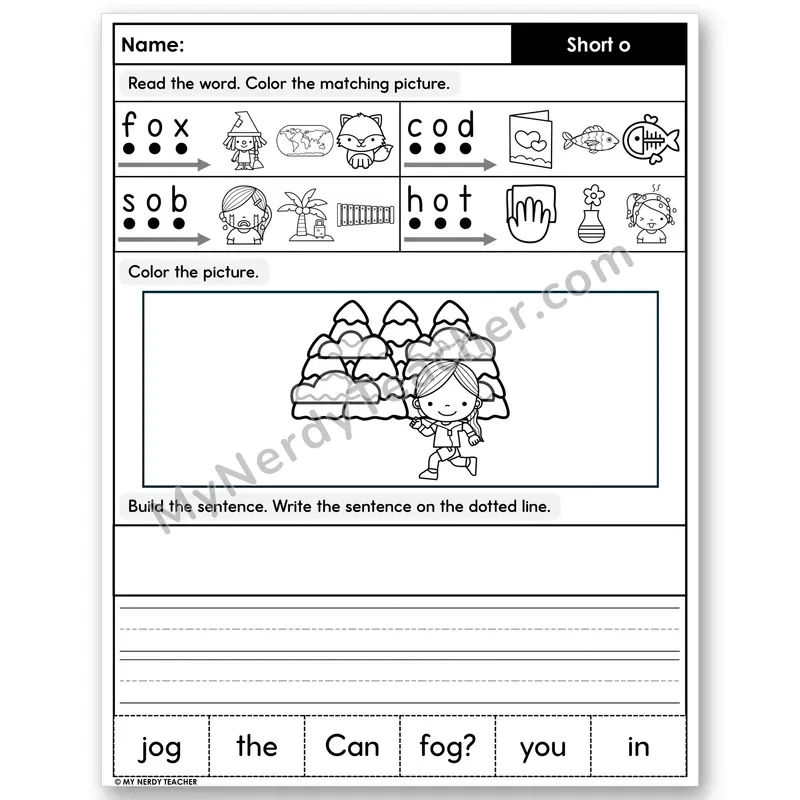Short O Decodable Sentences — Color, Build & Write