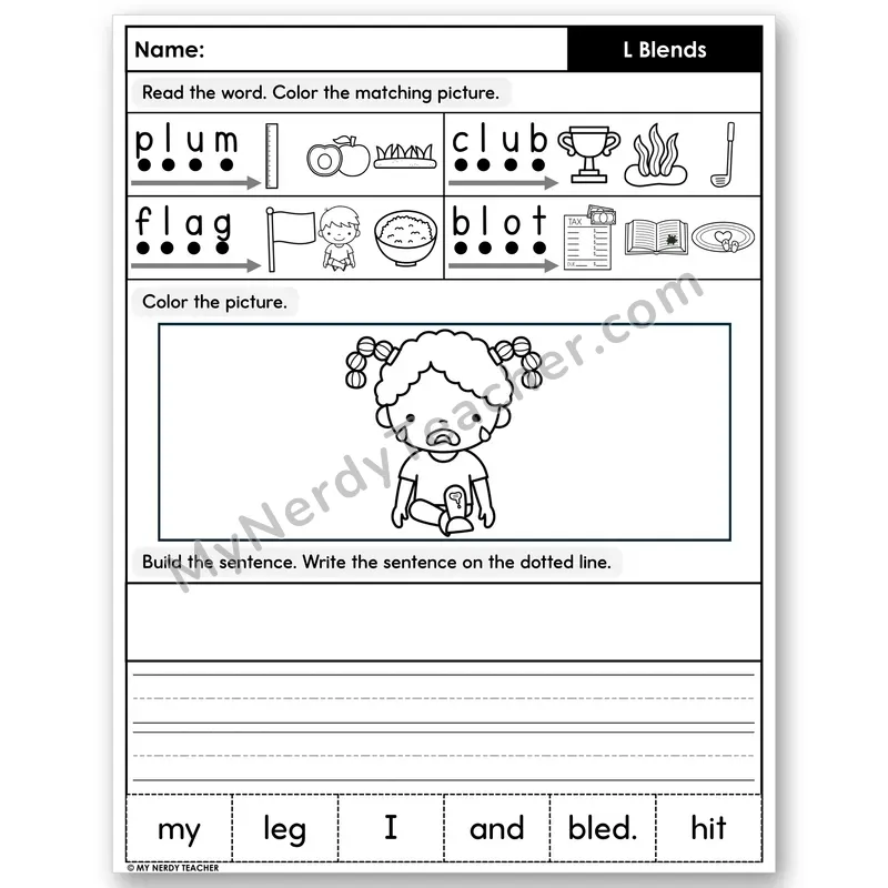 L-Blends Decodable Sentences — Color, Build & Write
