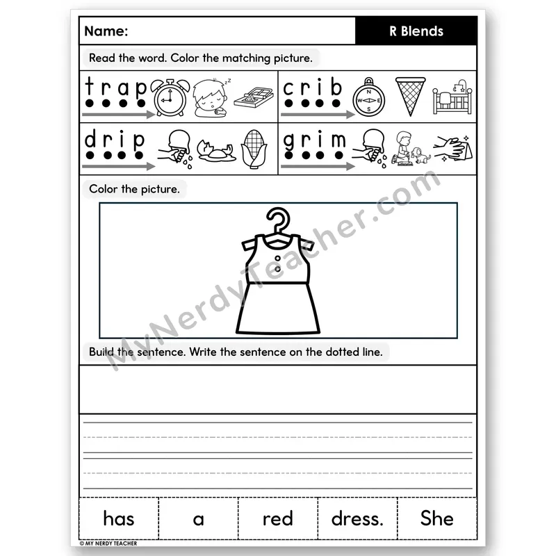 R-Blends Decodable Sentences — Color, Build & Write