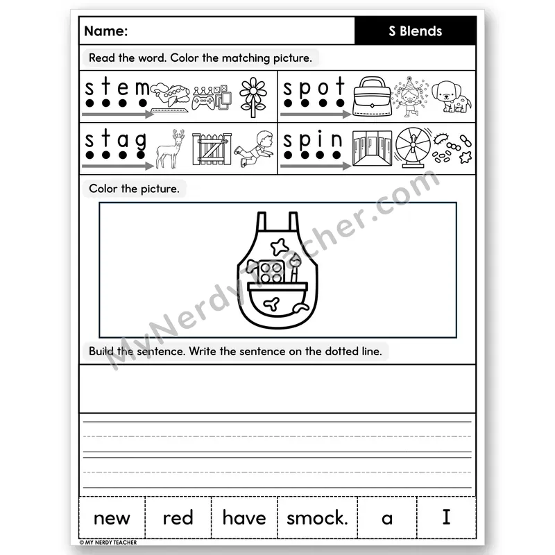 S-Blends Decodable Sentences — Color, Build & Write