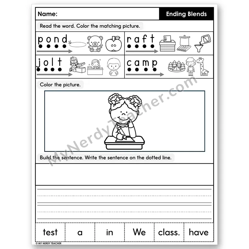 Ending Blends Decodable Sentences — Color, Build & Write