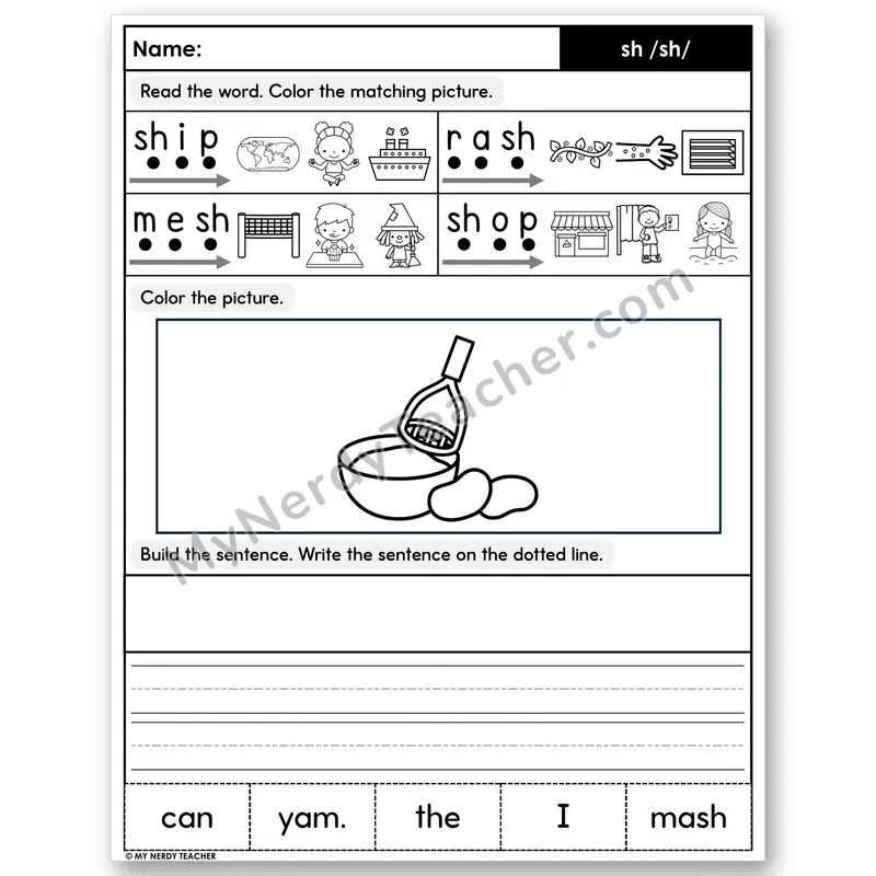 Digraph sh Decodable Sentences — Color, Build & Write