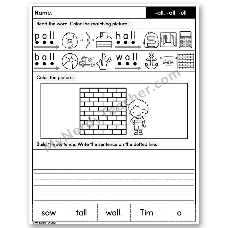 Glued Sounds -all, -oll, -ull Decodable Sentences — Build & Write