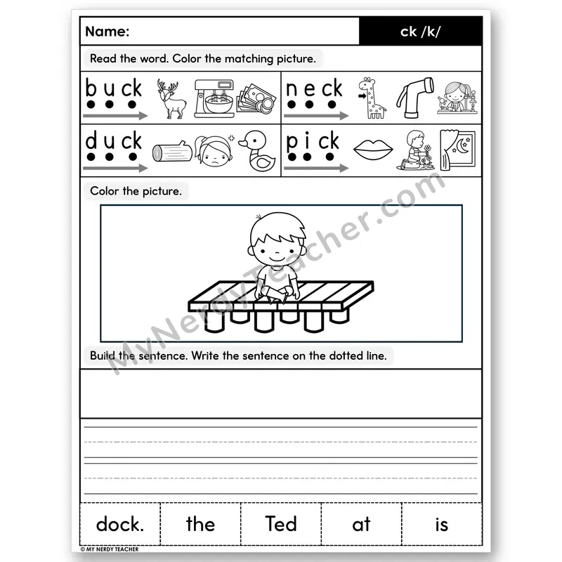 Digraph ck Decodable Sentences — Color, Build & Write