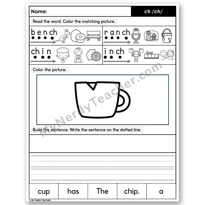 Digraph ch Decodable Sentences — Color, Build & Write