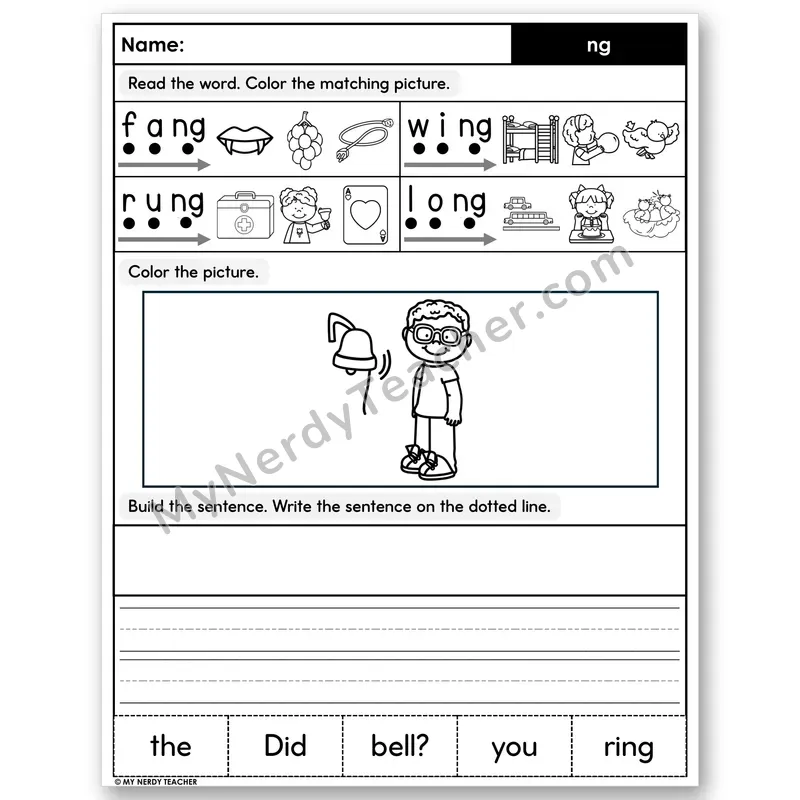 Digraph ng Decodable Sentences — Color, Build & Write